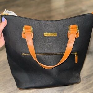 Black and Tan Tote Bag with Leather Handles